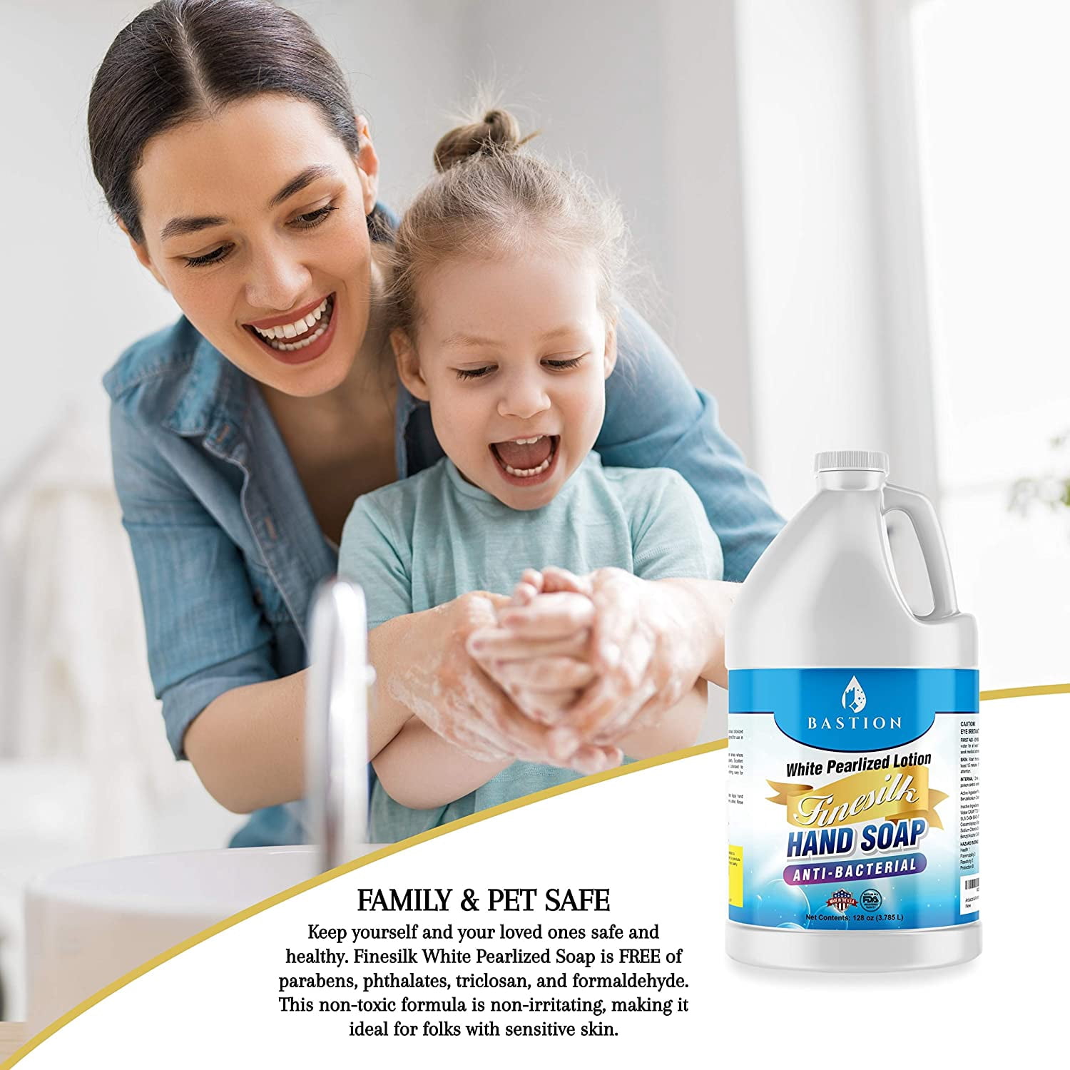 Antibacterial Hand Soap Refill. Bastion Finesilk White Pearlized Liquid Hand Wash . One Gallon (128 oz) Jug. PH Balanced Ultra-Strength. Made In USA