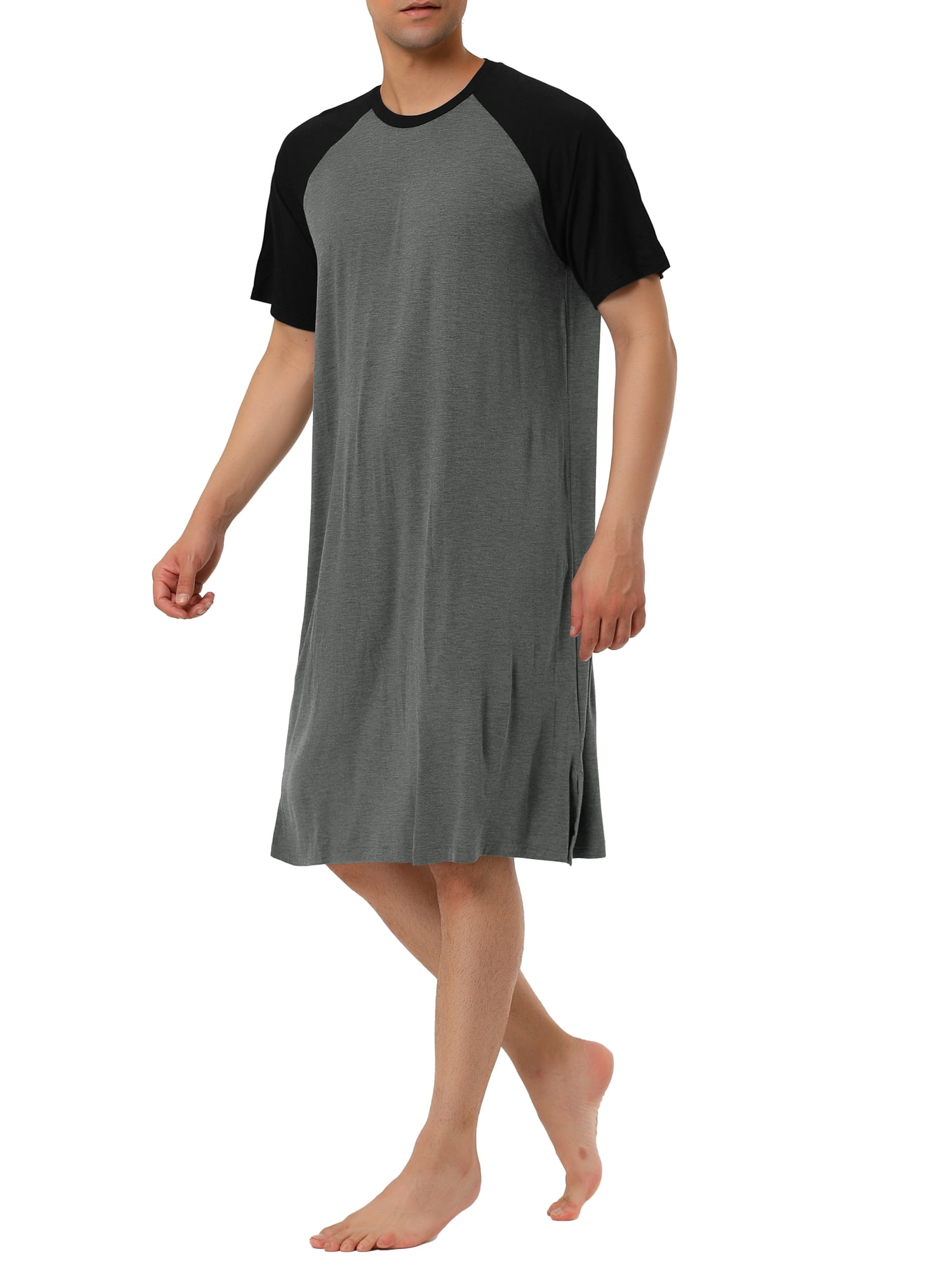 Unique Bargains Men's Nightshirt Raglan Sleeves Loose Fit Lounge Nightgown XL Dark Gray Black