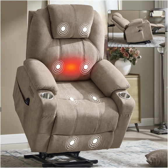 JERFIT Power Lift Recliner Chair with Massage and Heat, 350LBS Capacity, Heavy Duty Electric Recliner with USB Charging, Cup Holders, for Living Room, Khaki