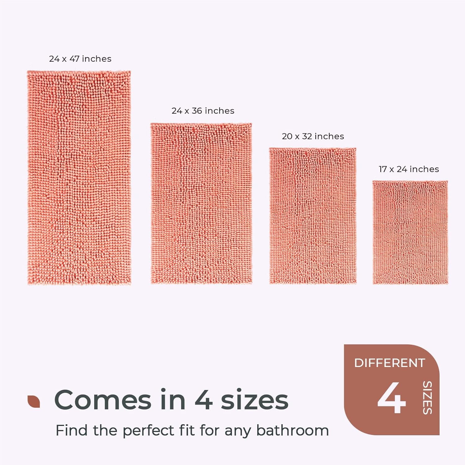 FRESHMINT Large Chenille Bathroom Rugs Mat 36'' x 24'' Non-Slip Bath Mat for Bathroom Floor & Bathtub, Washable Shower Shag Bath Rugs, Soft Fluffy Thick Water Absorbent Microfiber Shower Mat, Coral