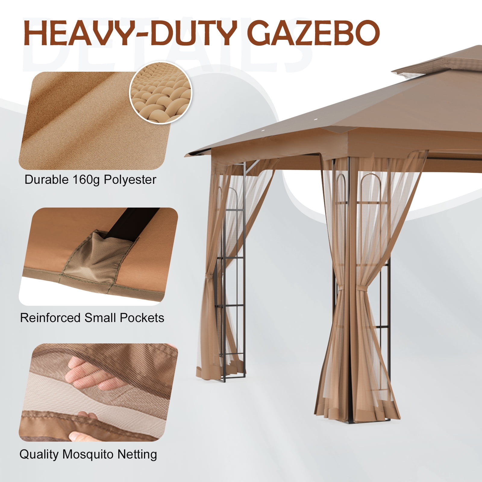 COOS BAY 13x11 Patio Outdoor Gazebo with Mosquito Netting, Two-Tier Canopy Tent with Screen Wall for Backyard, Lawn and Garden, Brown