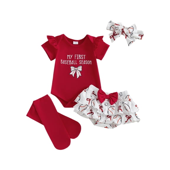 BemeyourBBs Newborn Baby Girl My First Baseball Season Outfits Letter Bow Print Short Sleeve Romper Ruffles Shorts Skirt Set Headband Socks 4Pcs Infant Girls Summer Clothes