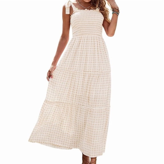 utcoco 2026 Women's Summer Plaid Smocked Dress A Line Tiered Long Dress