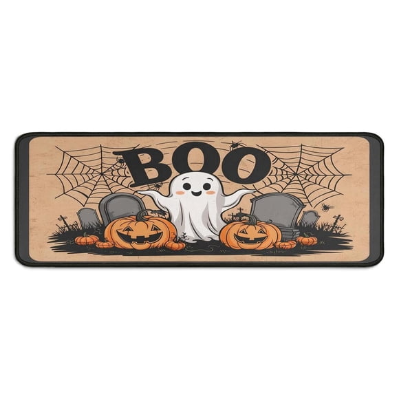2 Pcs Happy Halloween Kitchen Rugs and Mats Set Evil Pumpkinm Cute Ghost Kitchen Rugs and Mats Anti Fatigue Rugs for Kitchen Floorfor Farmhouse Door (47x17+30x17 Inches)
