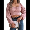 thumbnail image 2 of Blusa Corta con Volantes, Cuello Cuadrado y Fruncido para Mujer, Larga y Lazo Anudado Rosa L, 2 of 10