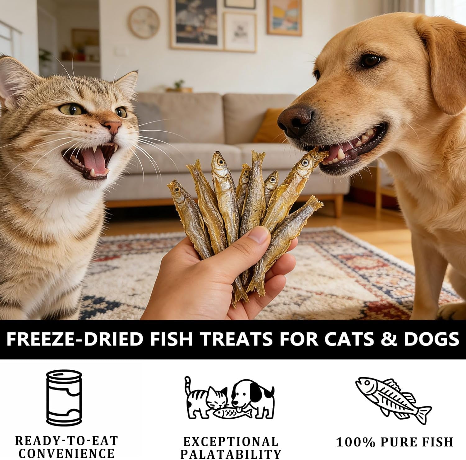 Jumbo Freeze-Dried Minnows 3 oz | Large Size 1.6-2.8 Inch Whole Fish | Natural Protein Snacks for Cats, Dogs, Turtles & Hamsters | Crunchy Treats for Dental Health (3 oz)