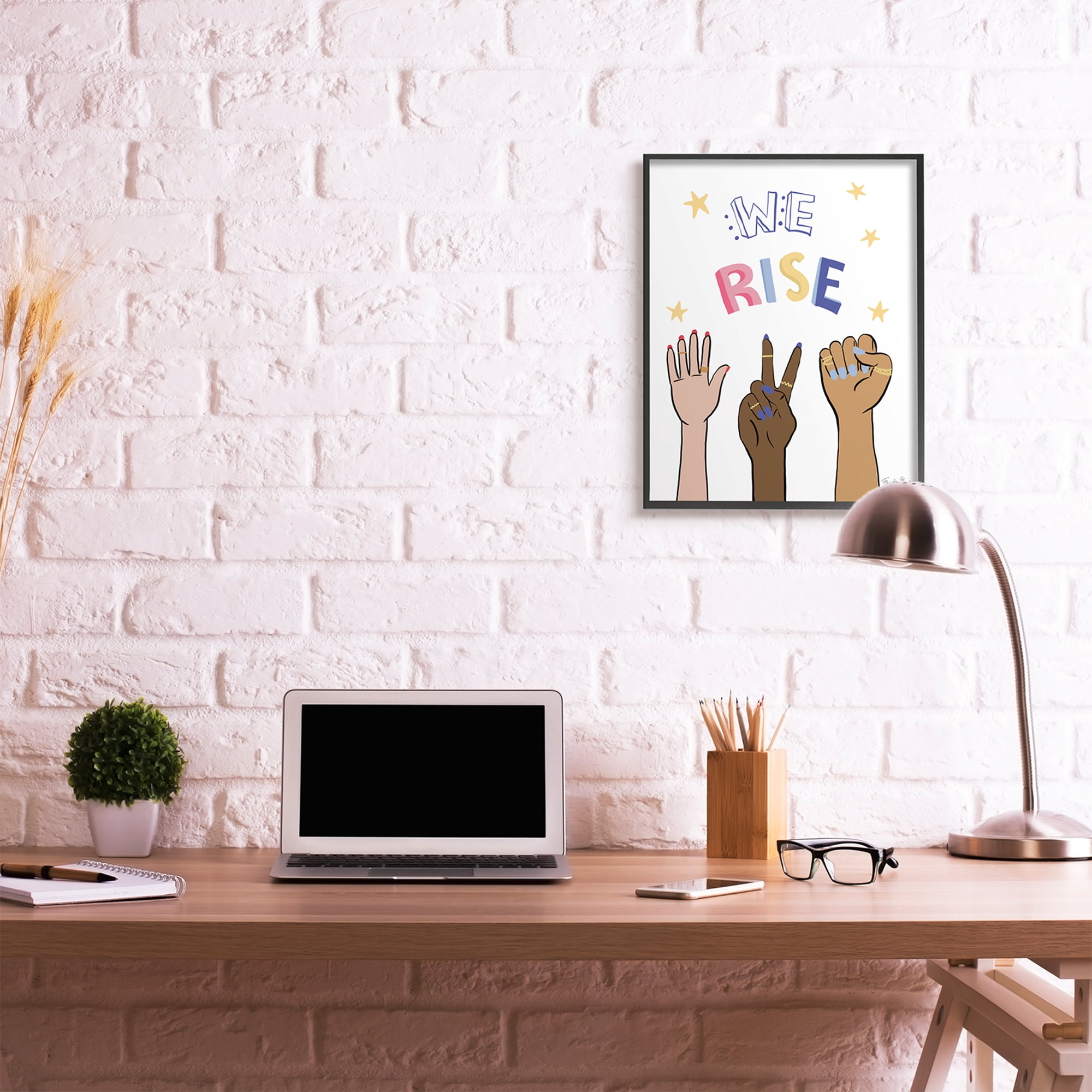 Stupell Industries We Rise Phrase Playful Text Female Hands Raised Black Framed, 24 x 30, Design by Farida Zaman
