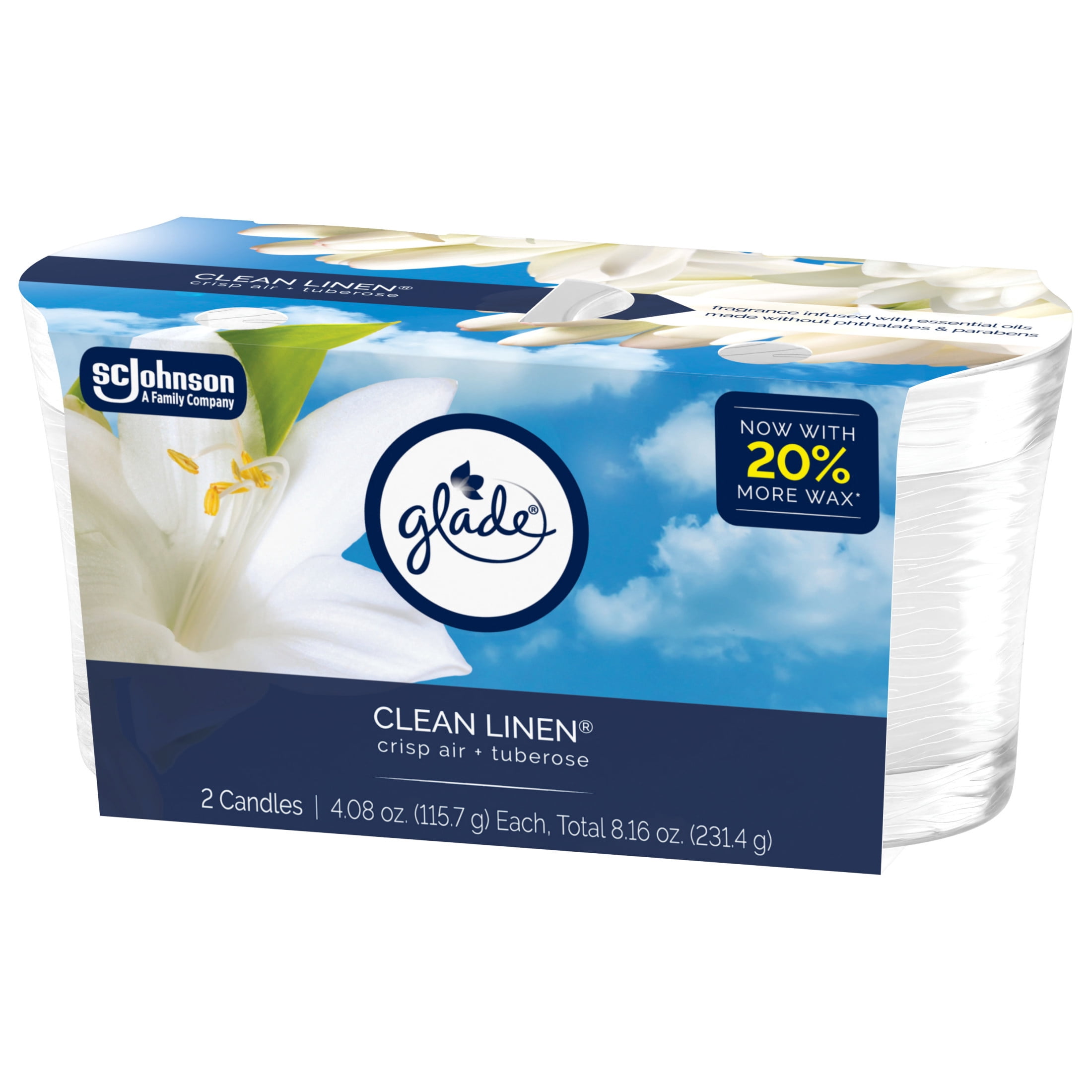 Glade Single Wick Candles, Clean Linen, 8.16 oz, 2 Count