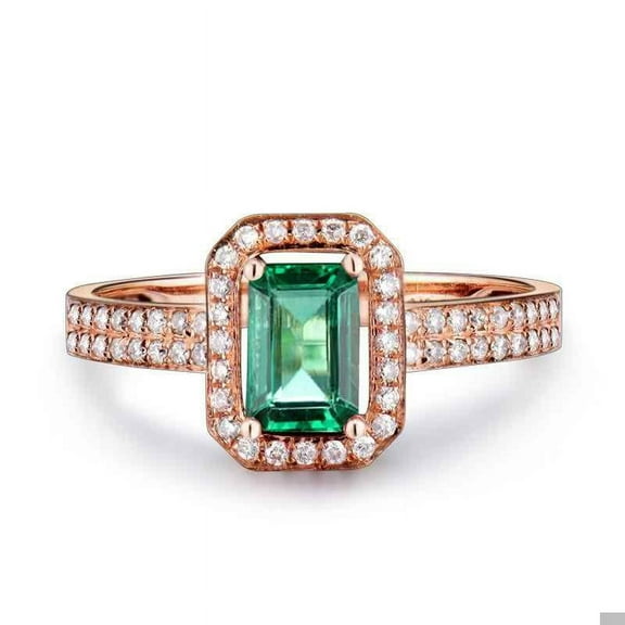 Bestselling 1.50 Carat Emerald and Diamond Halo Engagement Ring in 14k Rose Gold affordable emerald and diamond engagement ring