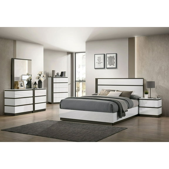 Queen Size Bed 6pcs Set White High Gloss Finish Bedroom Furniture Solid wood Gorgeous Contemporary