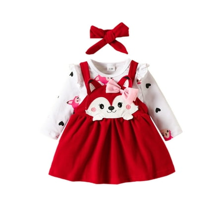 

Grianlook Girls Casual Swing Spring Autumn Outfits Suspender Cartoon Print Dresses Set Holiday Crew Neck 3Pcs Outfit Suit Red 0-3M