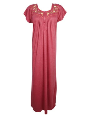 Mogul Women Maxi Kaftan Dress Short Sleeves Floral Print Loose Housedress Nightwear Sleepwear Nightgown Caftan Dresses M