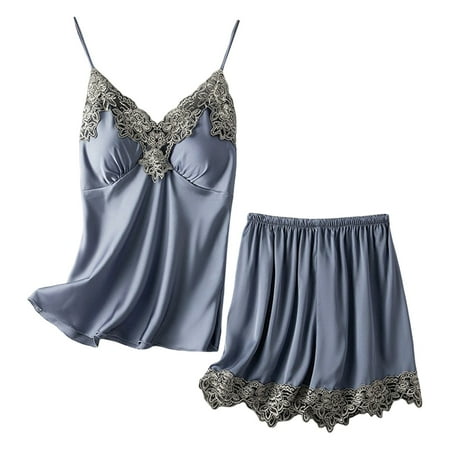 

Girls Sleepwear Summer Leisure Home Solid Color Lace Stitching Strap With Chest Pad Pajamas Set