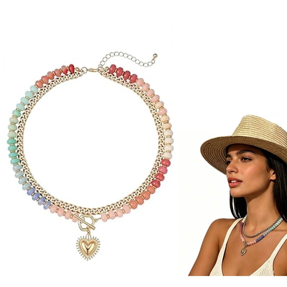 Double Layered Necklaces for Women, Colorful Stone Beaded Choker, Gold Heart Charm Pendant Customized Initial Chunky Chain Trendy Boho Summer Beach Necklace for Women