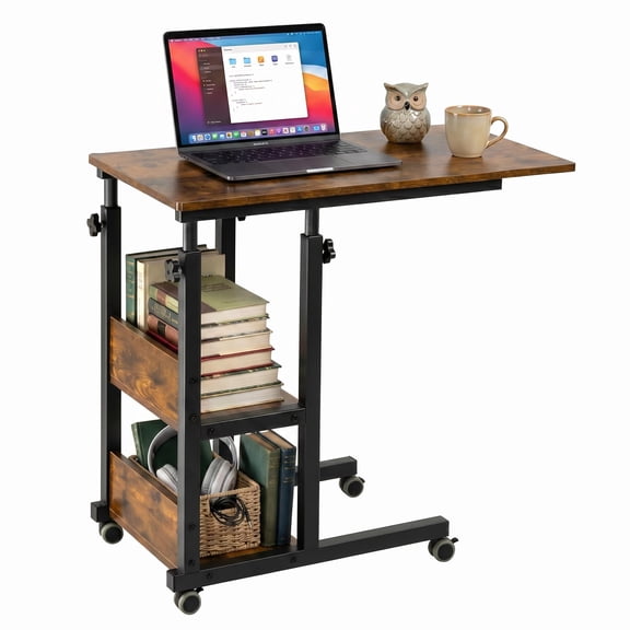 Romantic Brown Adjustable C-Shaped Laptop Desk with Storage Shelves
