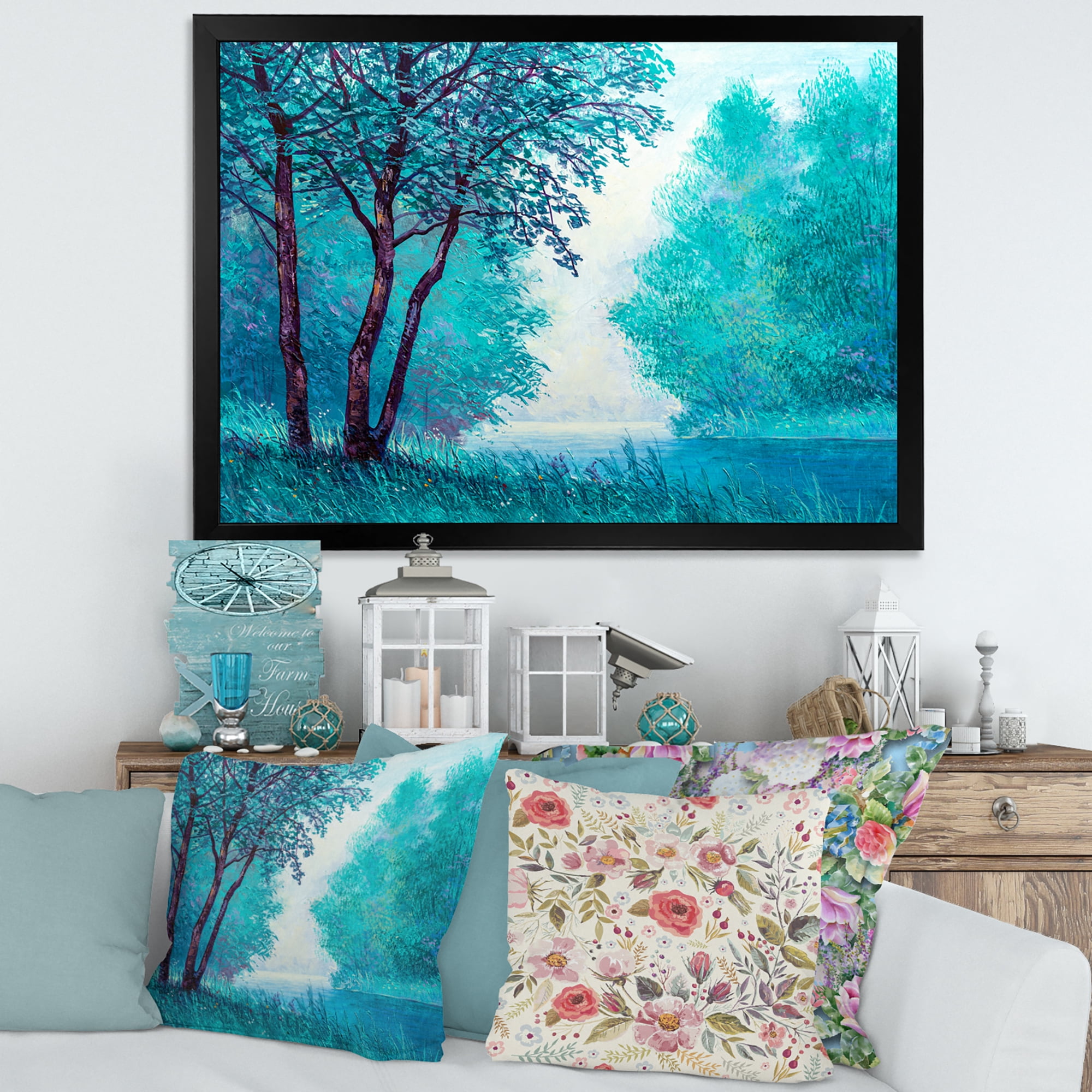 Designart 'Blue Coloured Tree Impression By Riverside' Lake House Framed Art Print