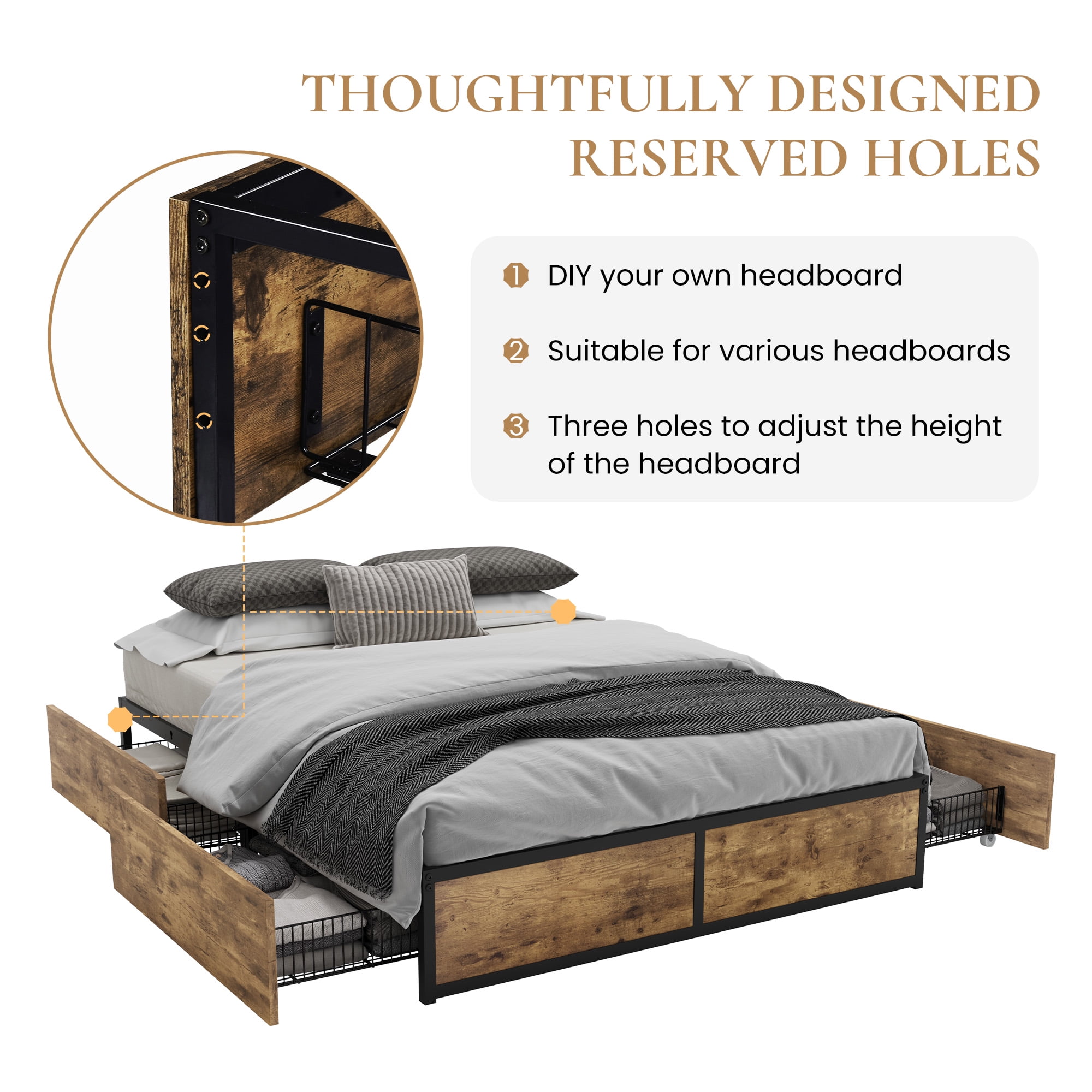 Merrland Queen Size Platform Industrial Bed Frame with 4 Large Storage Drawers, Brown