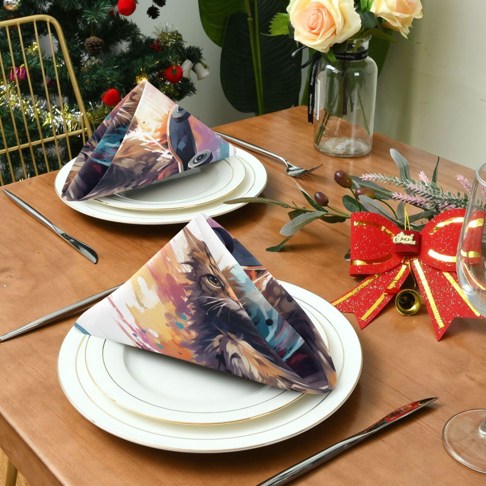 JSTEL Cat Skating Funny Cloth Napkins Set of 6, 20x20 Inch Washable and Reusable Napkin for Decoupage Dinner Party Everyday Use