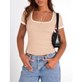 thumbnail image 4 of PRETTYGARDEN Women's Summer Short Sleeve T Shirts Ribbed Knit Square Neck Color Block Slim Fit Basic Casual Crop Tops Blouses, 4 of 9