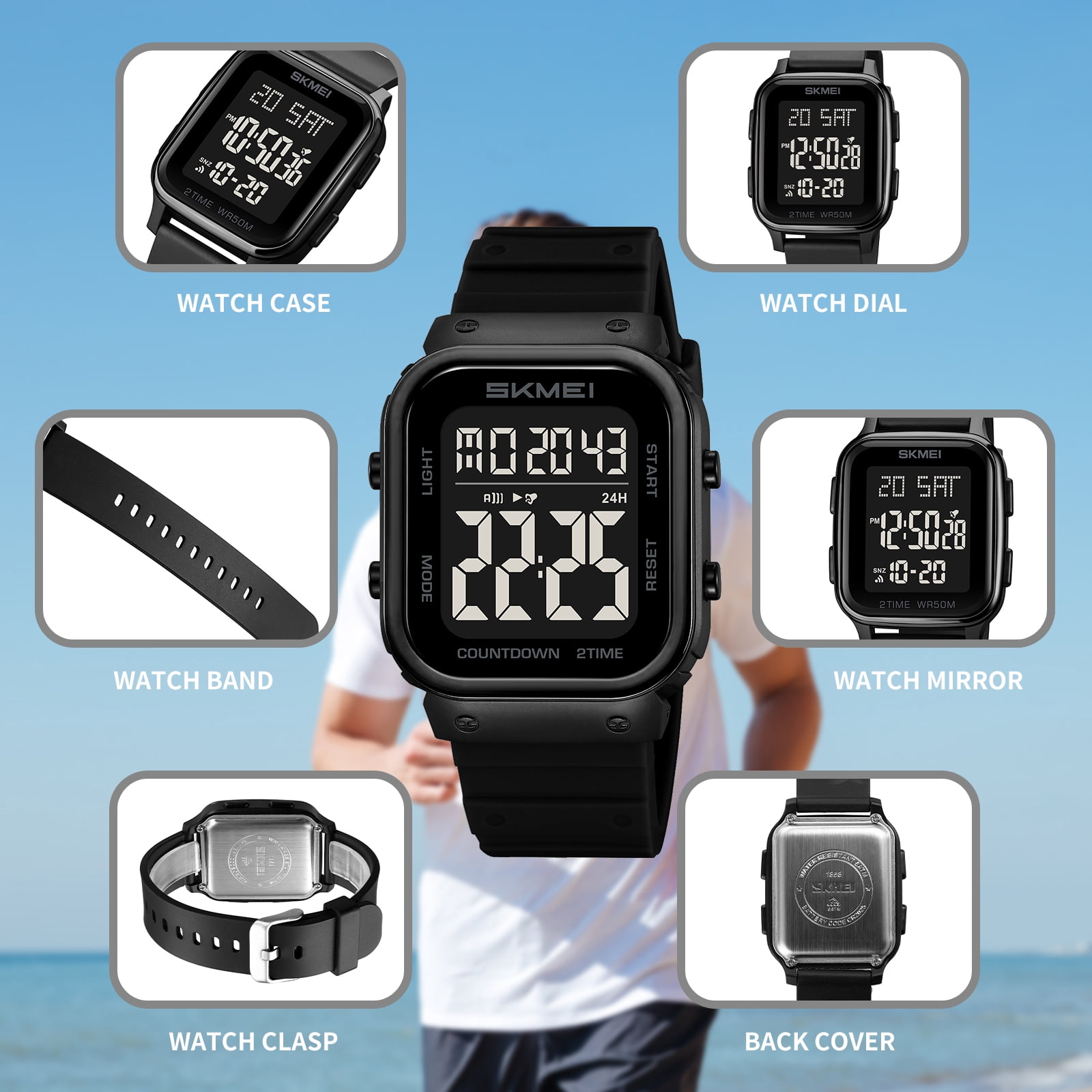 SKMEI Men's Digital Multifunction Watch Outdoor Casual Square 50M Waterproof Led Light Wristwatch