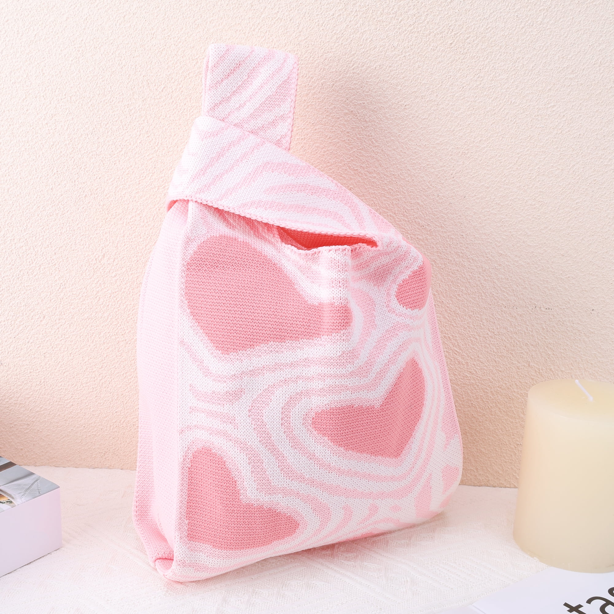Unique Bargains Heart Knitted Wrist Bag Light Pink 1 Pc
