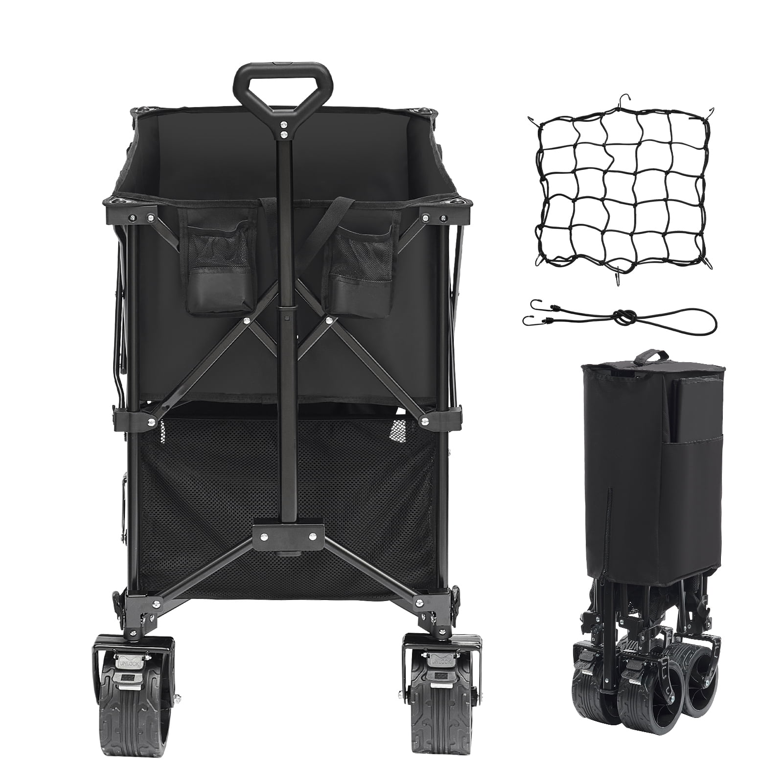 Chariot De Jardin Pliant 4 Roues – Utilitaire Extérieur Pour Plage, Camping – Noir Solide