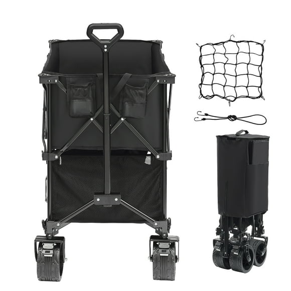 KFFKFF 400L Double Decker Wagon with 450lbs Weight Capacity, Utility Folding Wagon Cart Heavy Duty,with Big All-Terrain Beach Wheels & Drink Holders,for Camping, Garden, Sports, Beach, Shopping,Black