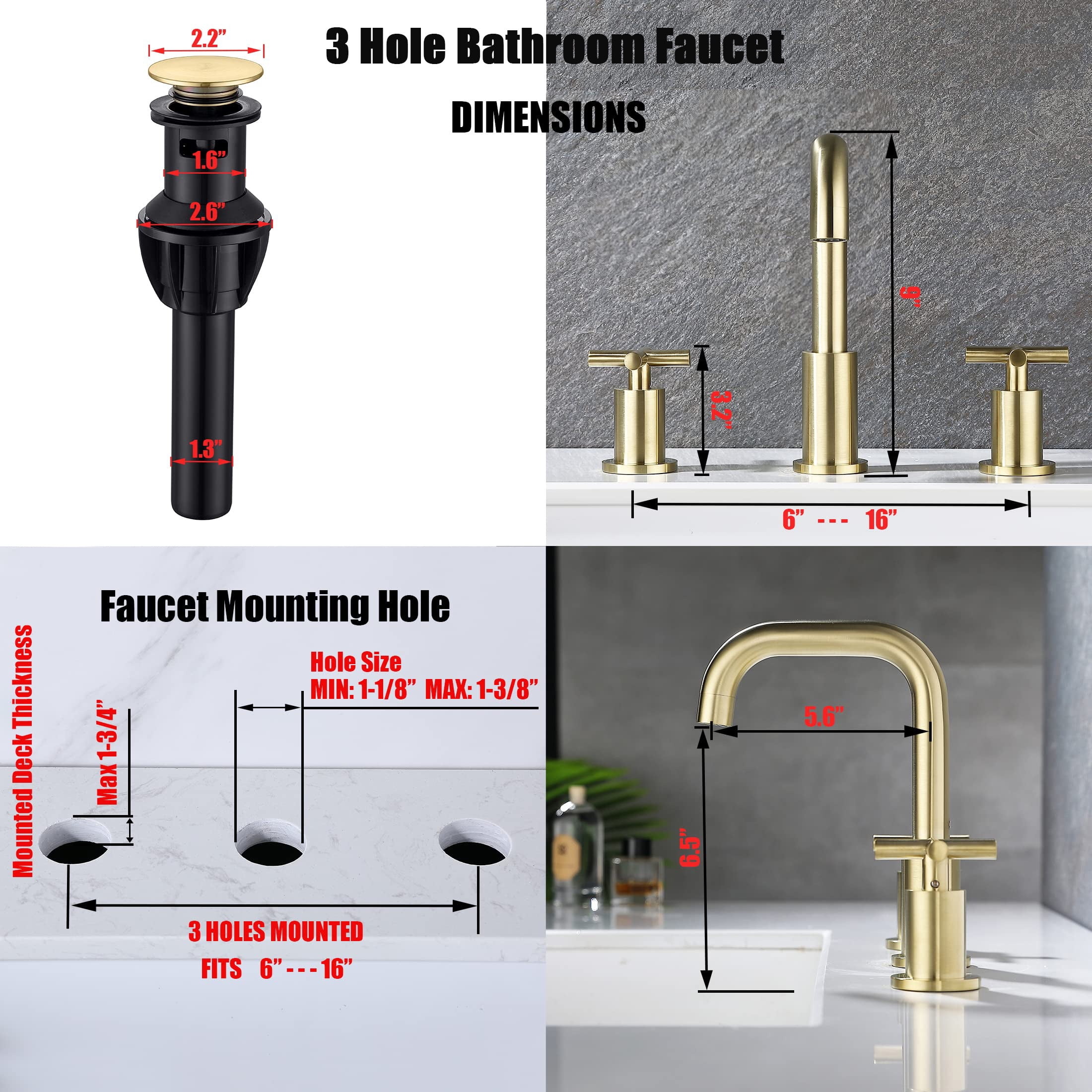 Adorer Brushed Gold 8 Inches Bathroom Faucet, 2 Handles Widespread Bathroom Sink Faucet 3 Hole  with Pop-Up Drain Assembly - 33163BG