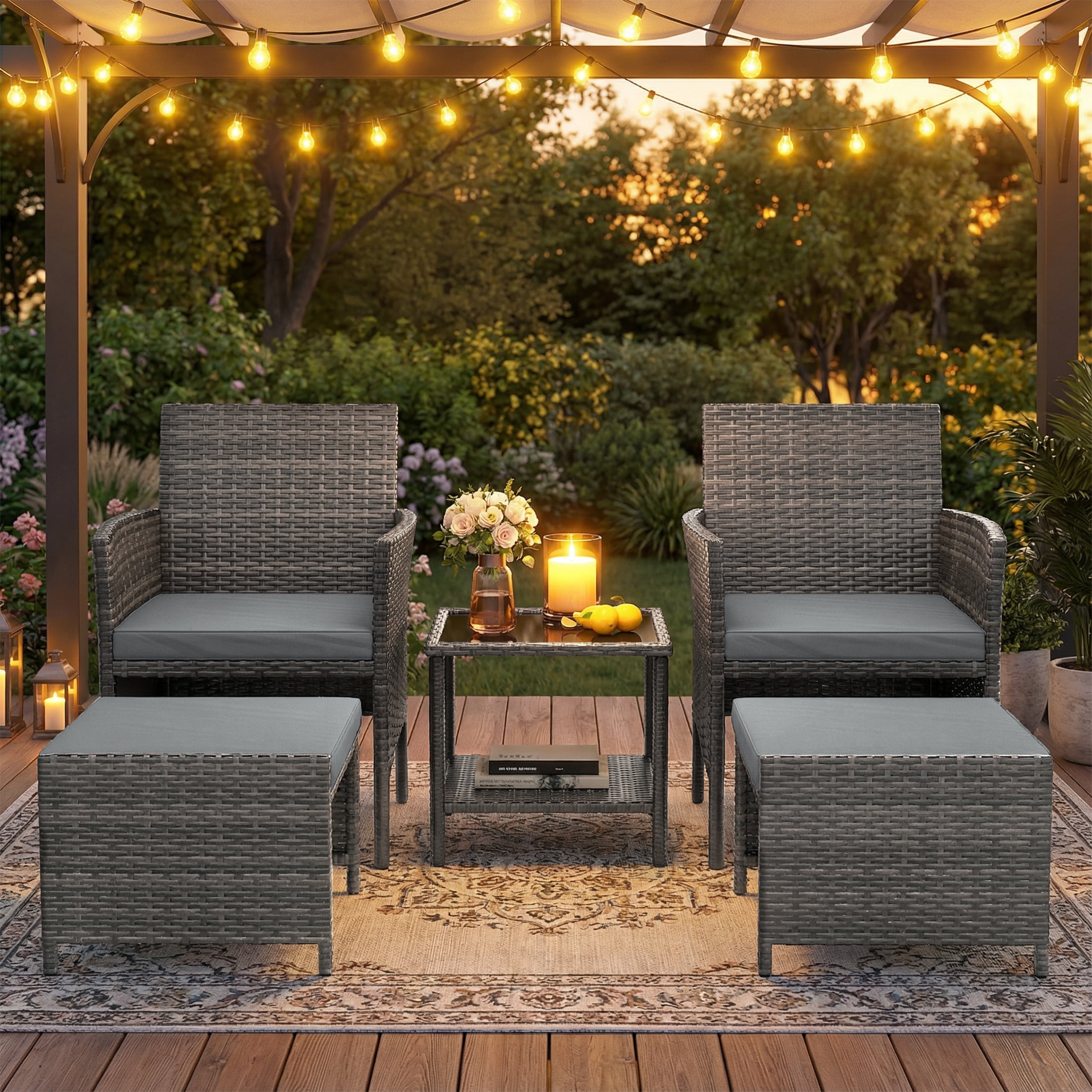 UDPATIO Balcony Furniture 5 Piece Patio Furniture Set, Outdoor Grey Wicker Chairs with Ottoman, Grey
