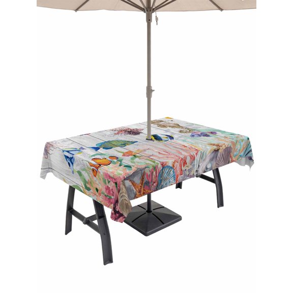 Outdoor Tablecloth with Umbrella Hole for Patio/Picnic/Party/Camping, Seahorse Coastal Waterproof Table Cloth Rectangle Table Cover Washable, Nautical Ocean Summer Beach Coral Wooden (52"x 70")