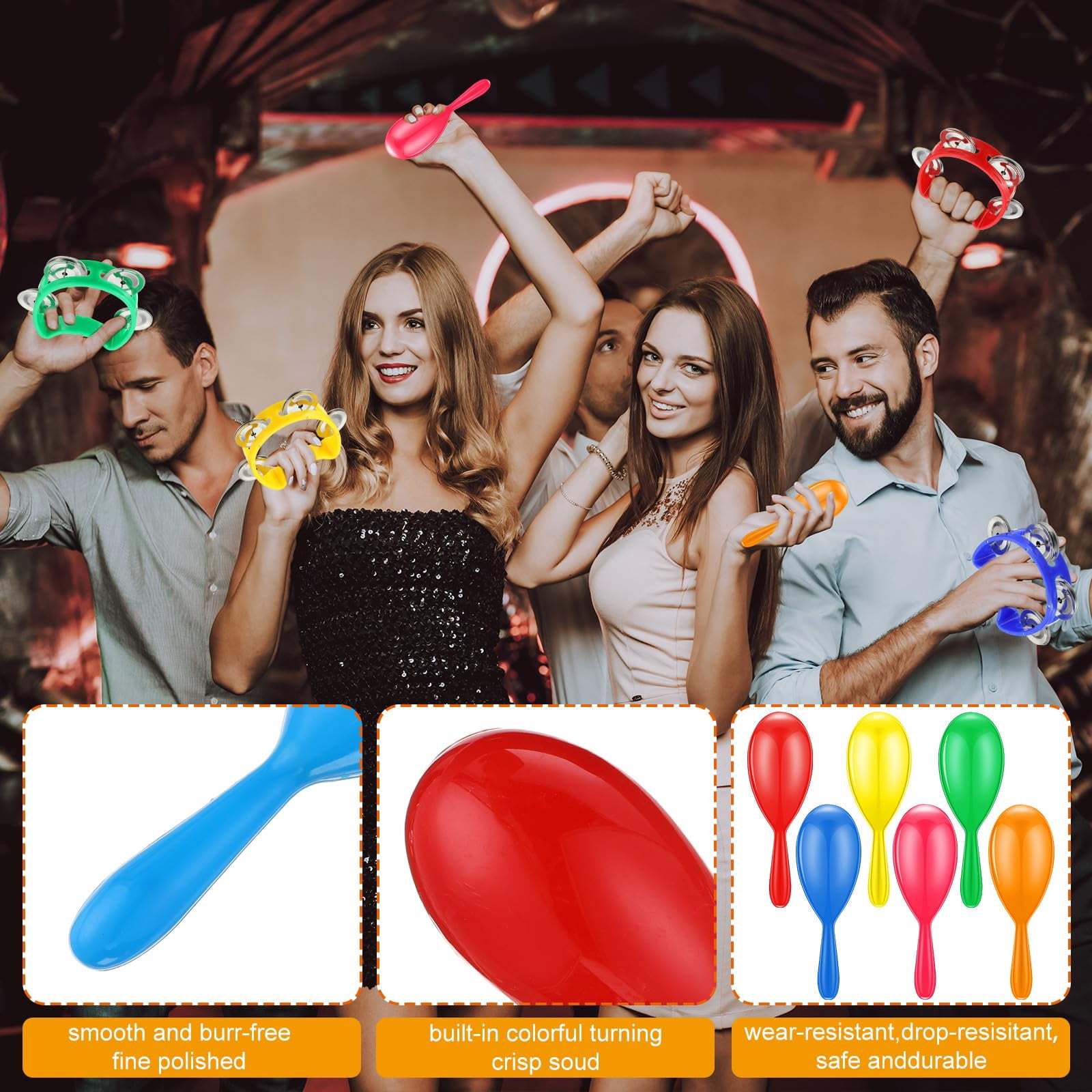 48 Pcs Shaker Musical Instruments Noise Makers Bulk Including 24 Percussion Tambourines Bell And 24 Mini Neon Maracas Shakers Handheld Tambourine Rhythm Gift Party Favor
