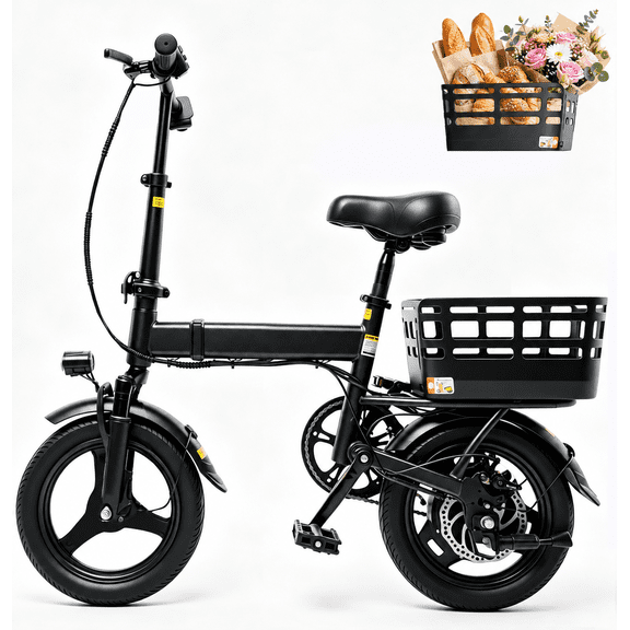 500W Foldable Commuter Electric Bike with Basket for Adults,14" Tires, 36V 12Ah Battery, 19.9 mph, 35 Miles Range, Suitable for Commuting, Shopping, or Trip