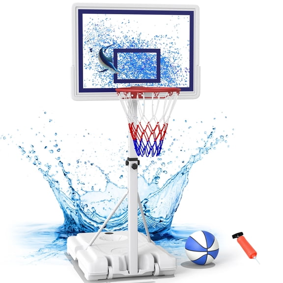 Swimming Pool Basketball Hoop with Shatterproof Backboard, Height Adjustable Basketball Hoop for Pool (3-4 FT) with 50L Fillable Base, Portable Poolside Basketball Hoop Set with Ball & Air Pump