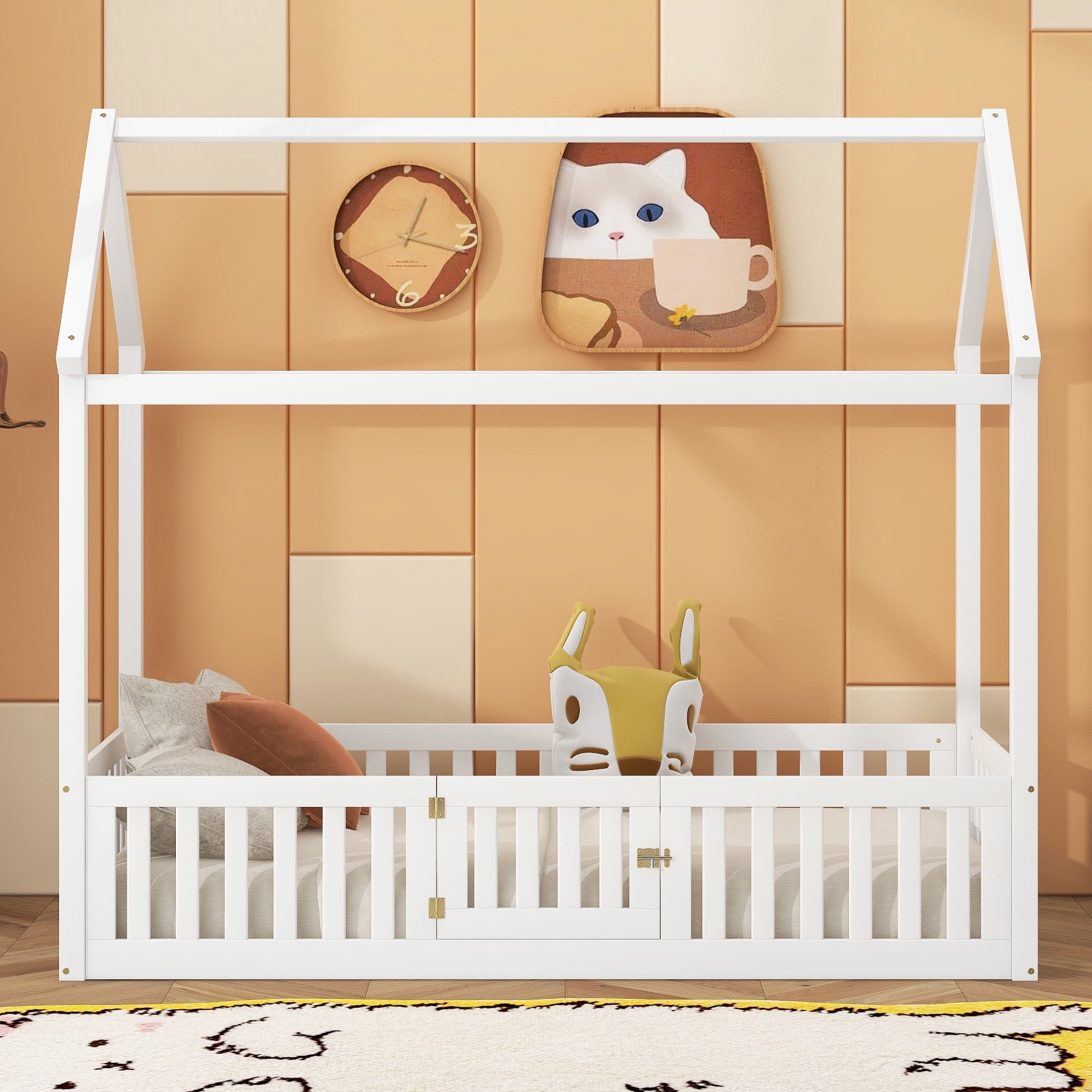 Noble House Solri Twin Size Wood House Bed with Fence and Door, Whimsical Play Bed with Sky Roof, White