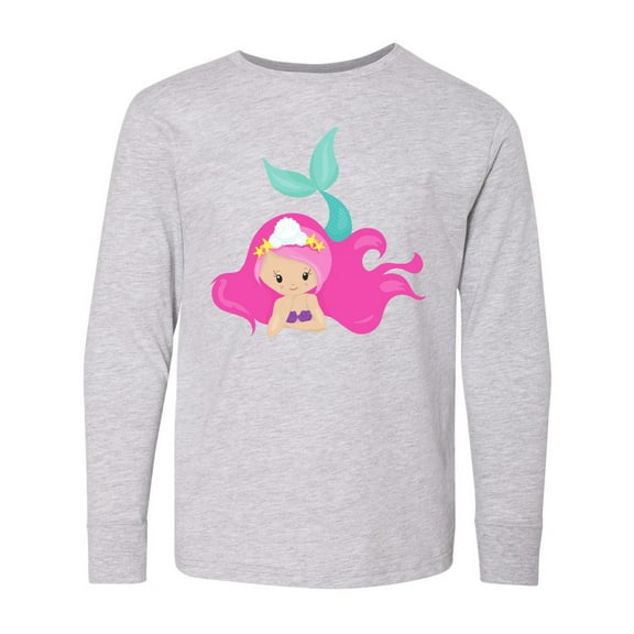 Inktastic Cute Mermaid, Pink Hair, Green Tail Long Sleeve Youth T-Shirt