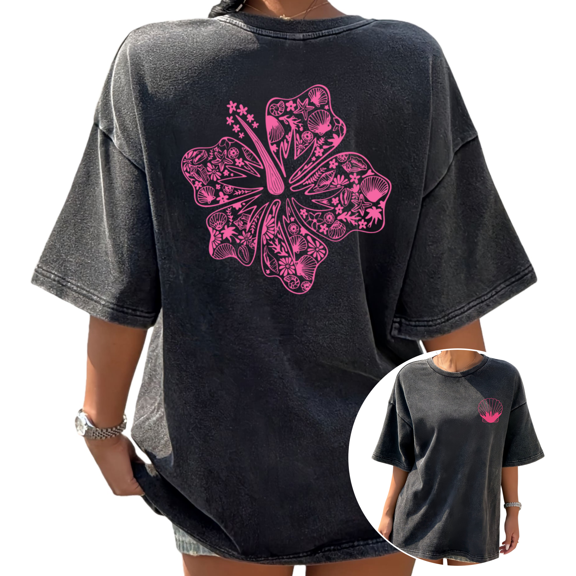 Hibiscus Ocean Filigree Graphic Tees Washed Black S-2XL Womens Tropical Boho Casual Tops