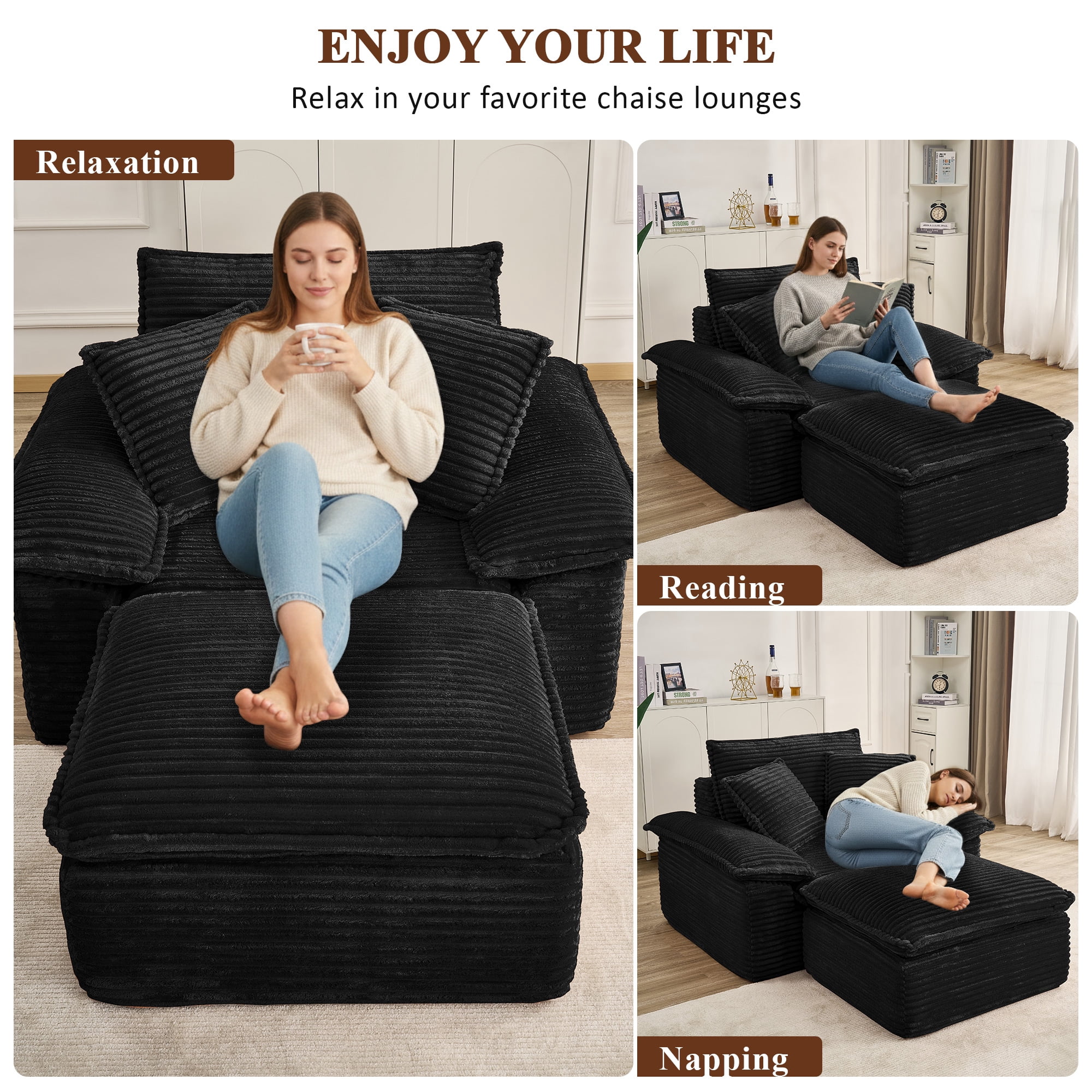 Aukfa 63.5" Oversized Chaise Lounge Sofa with Movable 2-Layer Ottoman, Deep Seat Boneless Couch, Corduroy Lounge Chair, Black
