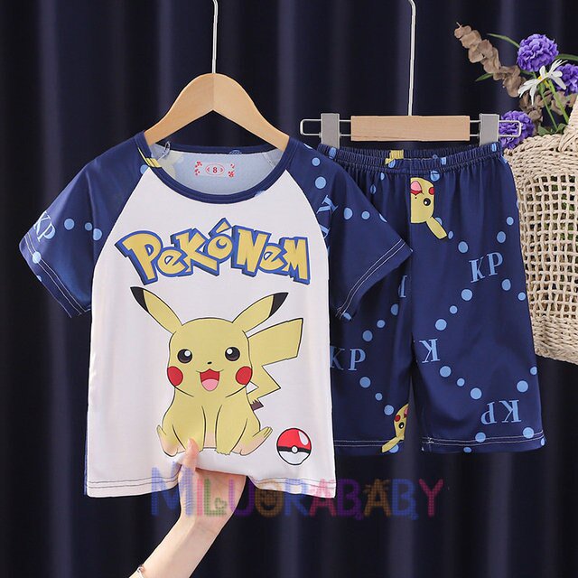 Conjunto de pijama de dibujos animados de Pikachu para niños y niñas, ropa de dormir de manga corta de Pokémon, Jersey, ropa de dormir para el hogar, Verano qym unisex