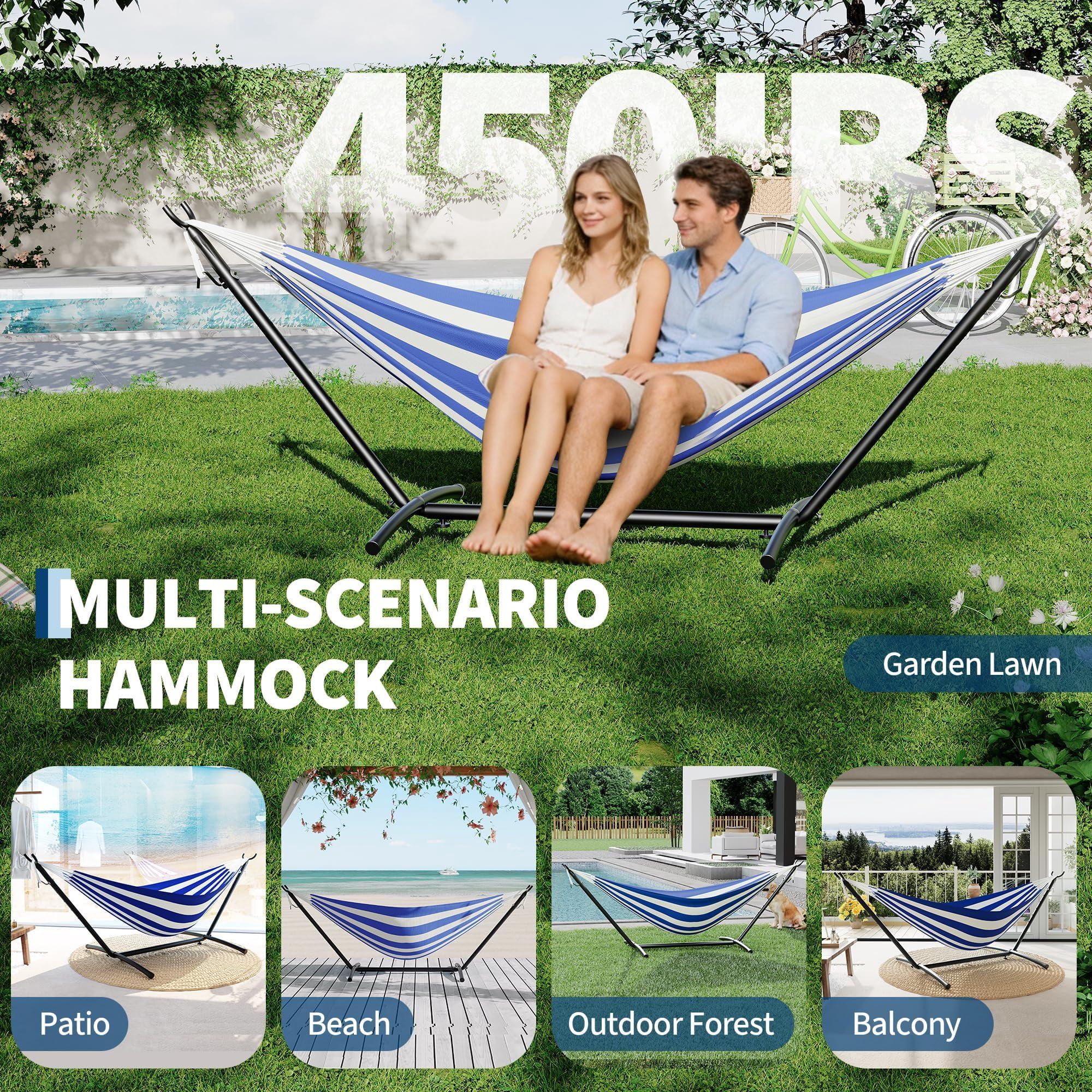 Portable Double Hammock with Heavy-Duty Steel Stand – 450 lbs Capacity, Durable Space-Saving Design, Polyester Cotton Fabric – for Outdoor, Patio, Garden, Camping, Carry Bag Included