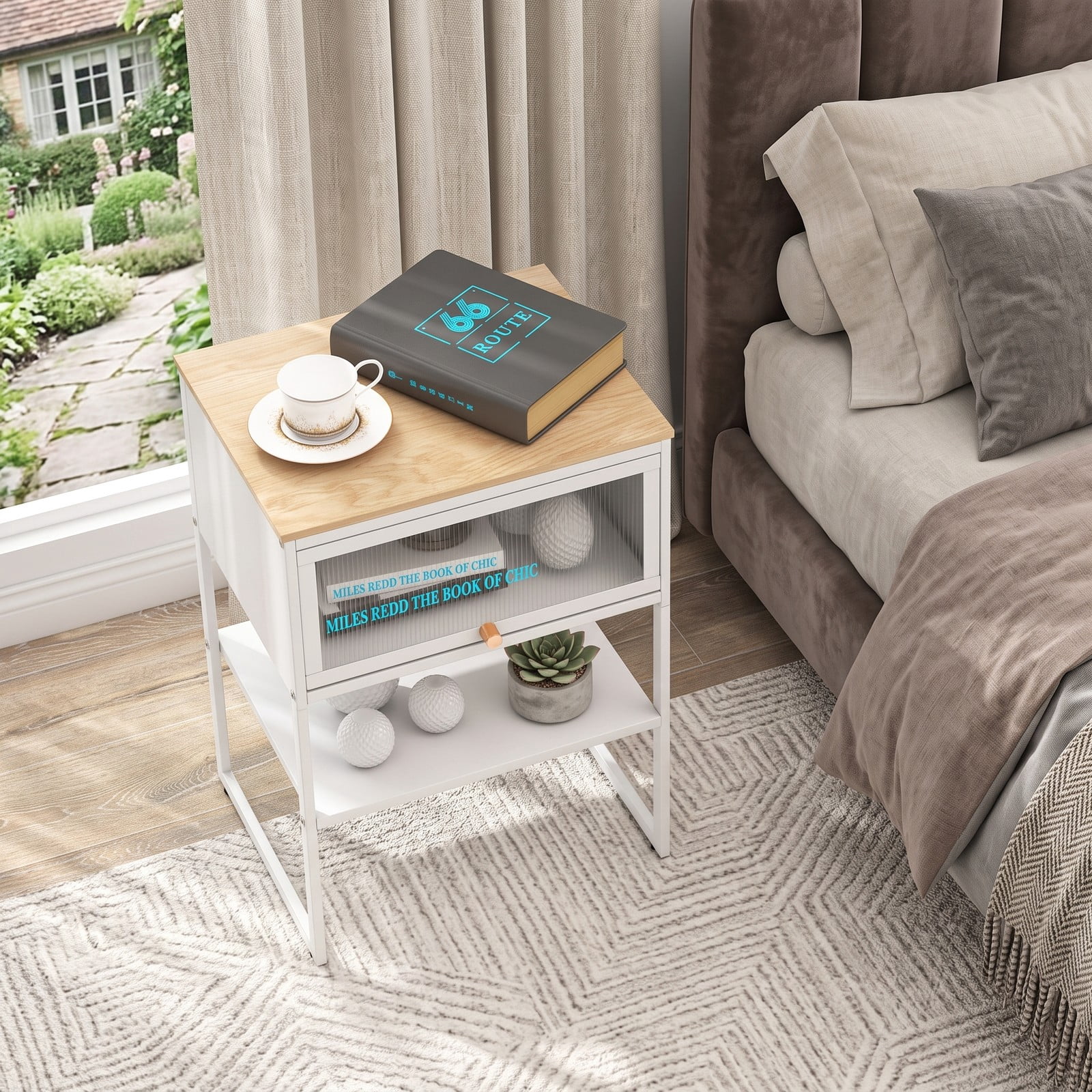 Furnibear 3-Tier Nightstand with Flip Up Fluted Door and Open Bottom Shelf plus Metal Frame for Small Spaces and Bedroom, White