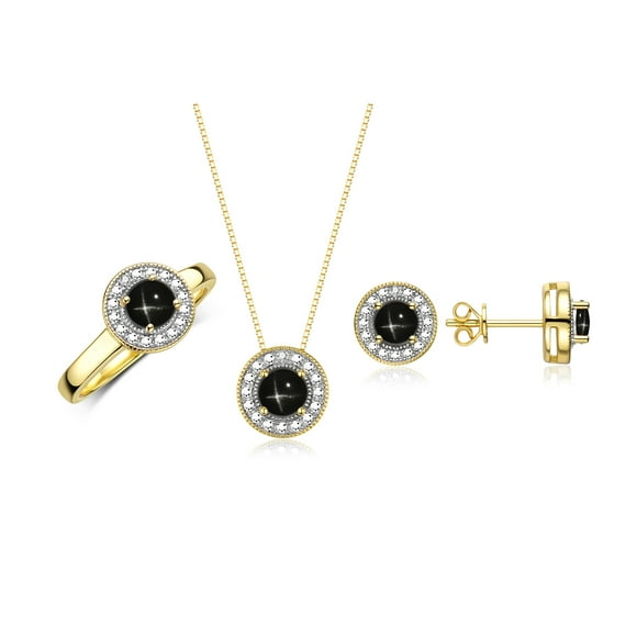 RYLOS Ensemble Assorti Halo Designer Plaqué Or Jaune : Bague, Boucles d'Oreilles & Collier. Pierre Précieuse & Diamants, Saphir Étoile Noire 4MM; Taille 10