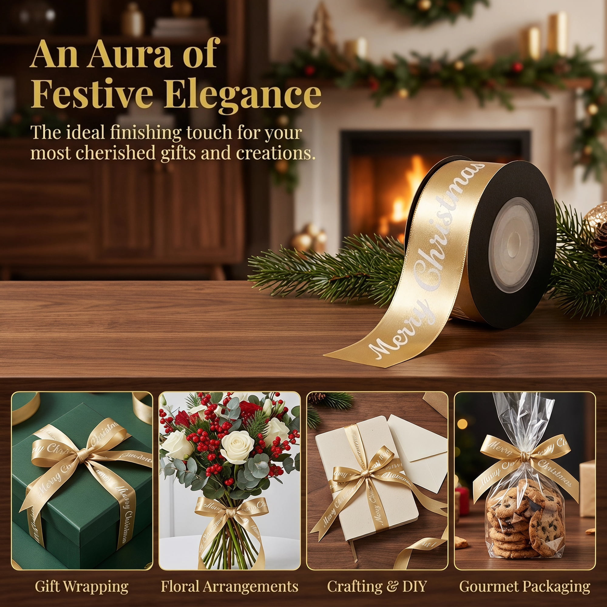 Unique Bargains Premium Fabric Ribbon for Gift Wrapping Gold 5.5 Yard