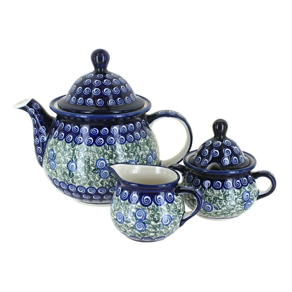 Blue Rose Polish Pottery Seaside Swirl Three Piece Tea Set