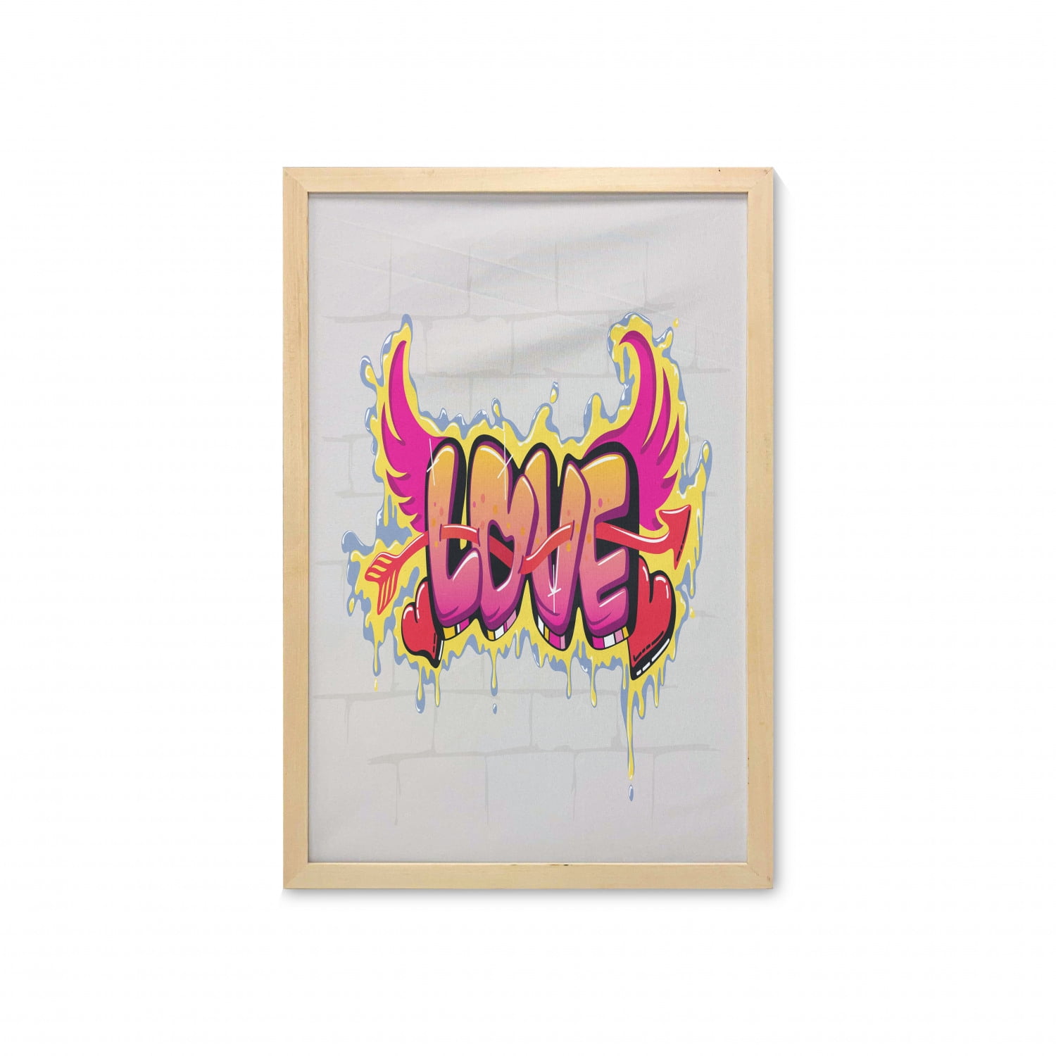 Urban Graffiti Wall Art With Frame Arrow Pierced Love Word As Bubble Letters With Wings On Drippy Painting Printed Fabric Poster For Bathroom Living Room Dorms 23 X 35 Multicolor By Ambesonne