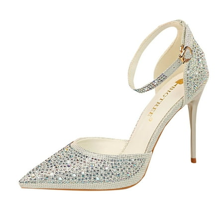 

Pyhlmscde Womens High Heels Closed Pointed Toe Stiletto Buckle Strap Sequin Sandals Wedding Party Dress Pumps Shoes