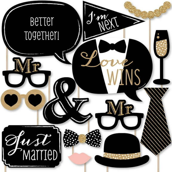 Big Dot of Happiness Mr. and Mr. - Gold - Gay Wedding Photo Booth Props Kit - 20 Count