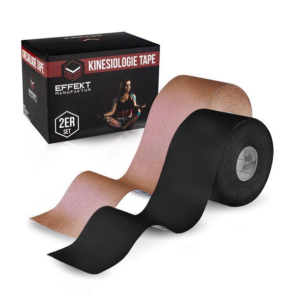 "Effekt Manufaktur Kinesiology Tape (Beige Black), 16 ft x 2 in, 2 Rolls - Waterproof, Elastic Physio Tape for Muscle Support and Injury Recovery