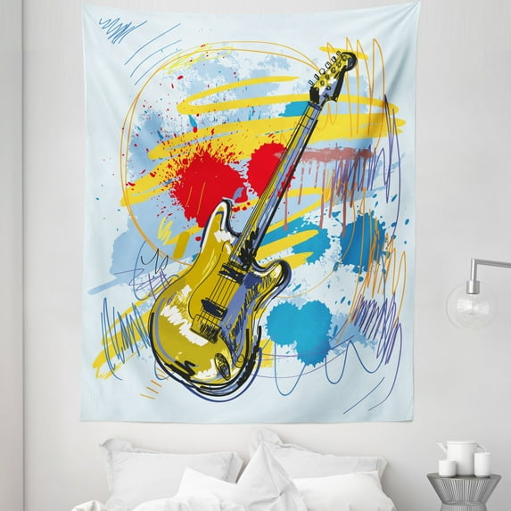 Art Tapestry, Abstract Musical Instrument Expressionist Art Stained and Tainted Background Print, Fabric Wall Hanging Decor for Bedroom Living Room Dorm, 5 Sizes, Teal Yellow, by Ambesonne