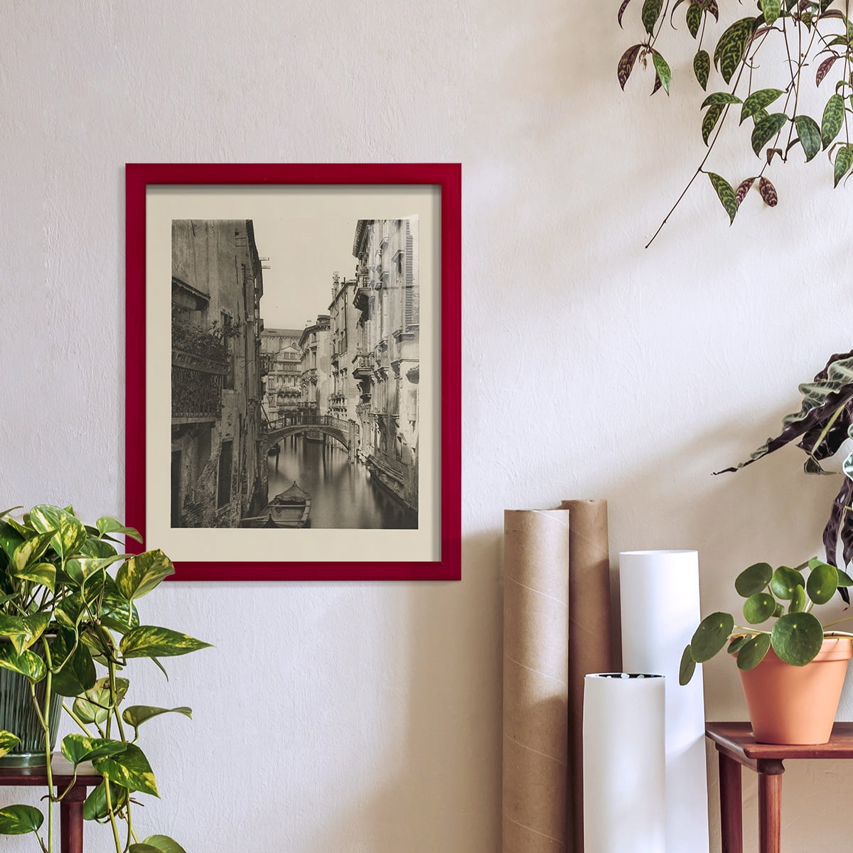 Vintage Views of Venice IV - Framed Print w/glass - Cherry Red