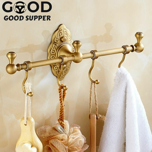 Wall-Mounted Brass Towel Bar with 4 Hooks, Exquisite Copper Wire Drawing Finish, Bathroom Towel Rack, 36cm/14.17inch